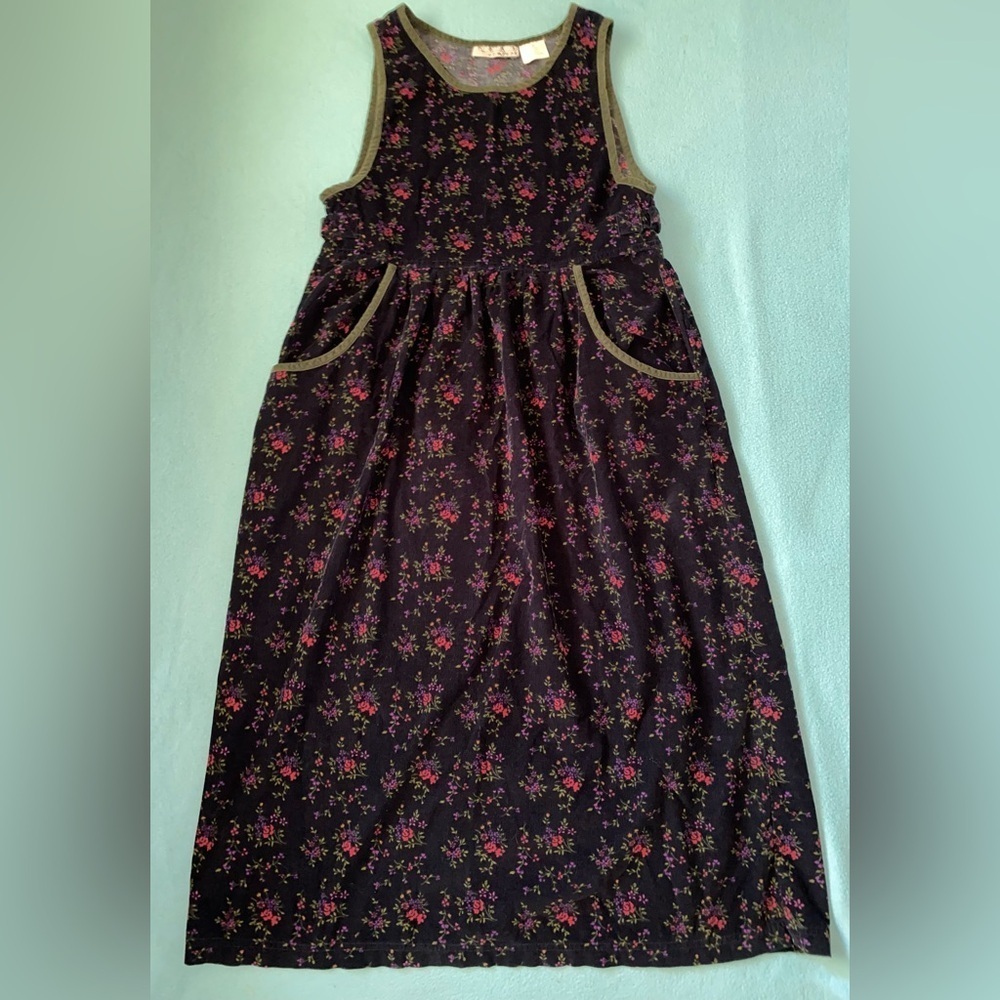 REAL COMFORT corduroy floral sleeveless tank maxi 2 pocket navy green Y2K size M